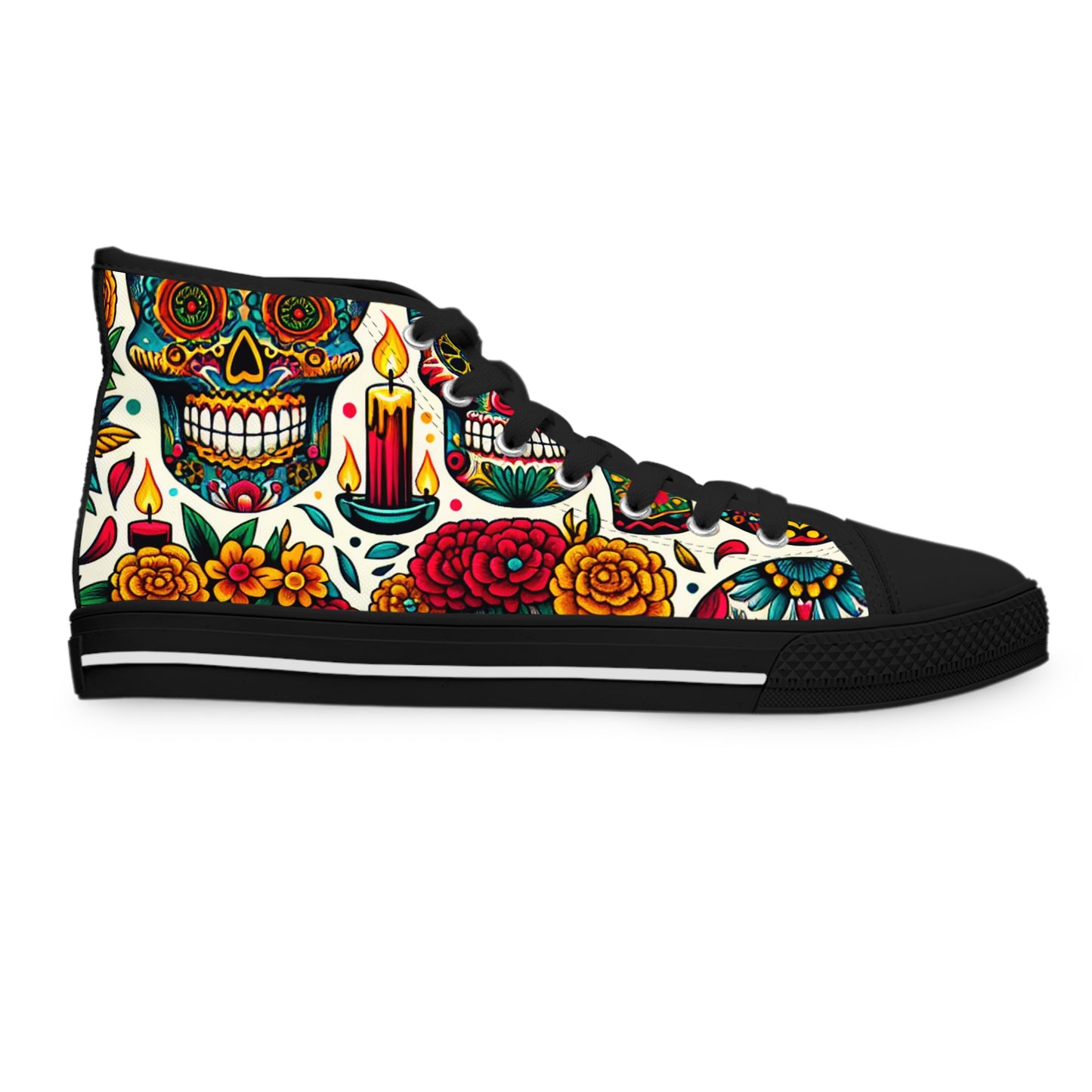 "Calavera Classics: A Colorful High-Top Sneaker Inspired by Day of the Dead Skulls and Traditional Textile Designs"- High Top Trainers Fashion Sneakers