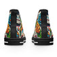 "Vibrant Calaveras: A Mexican-Inspired High-Top Sneaker Featuring a Festive Day of the Dead Textile Pattern with Bright Colors, Traditional Motifs, and Symbol- High Top Trainers Fashion Sneakers