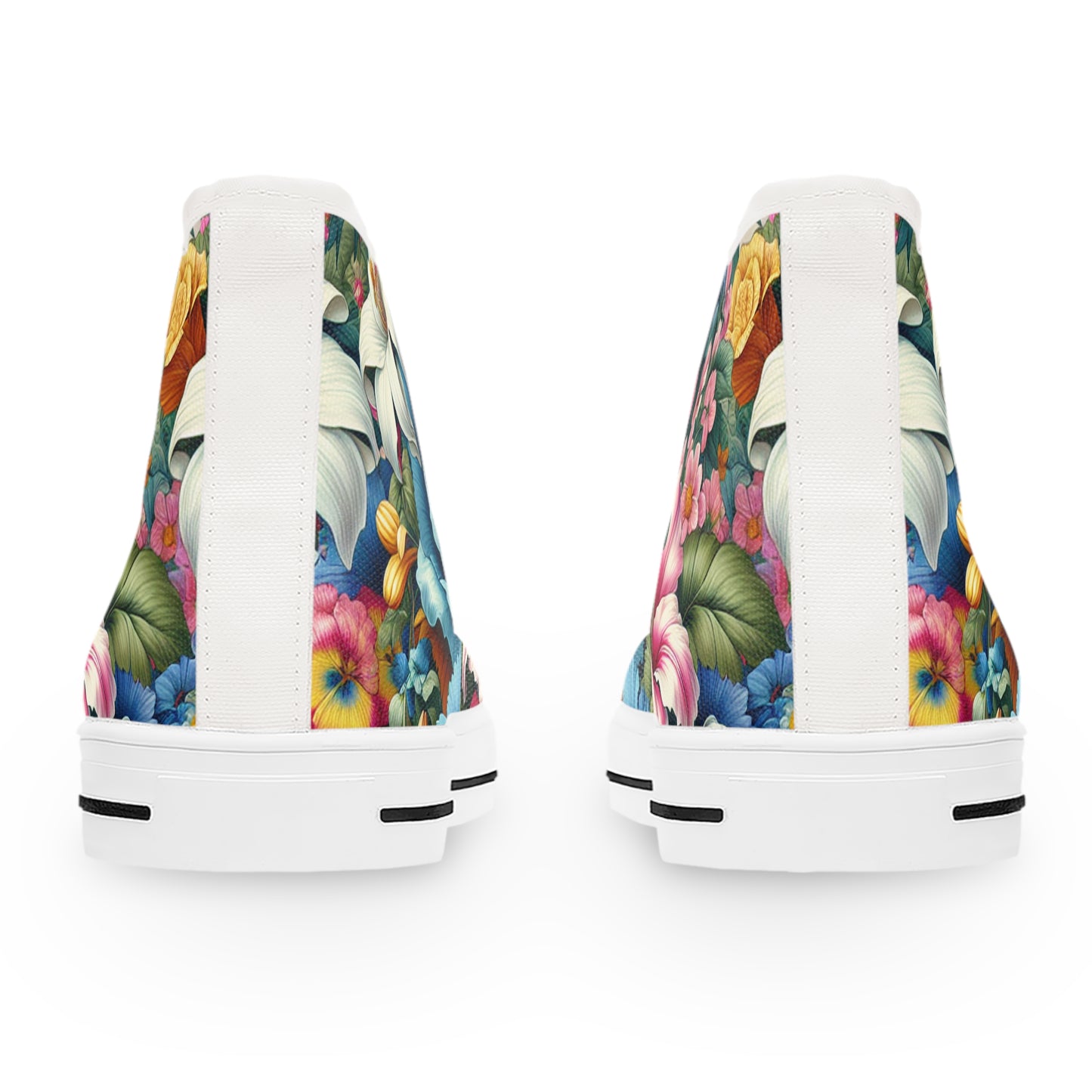 "Floral Frenzy: Vivacious High-Top Sneakers with Meticulously Detailed Flower Patterns in Vibrant Shades of Pink, Blue, Yellow, and Green - Perfect for Contemporary Text - High Top Trainers Fashion Sneakers