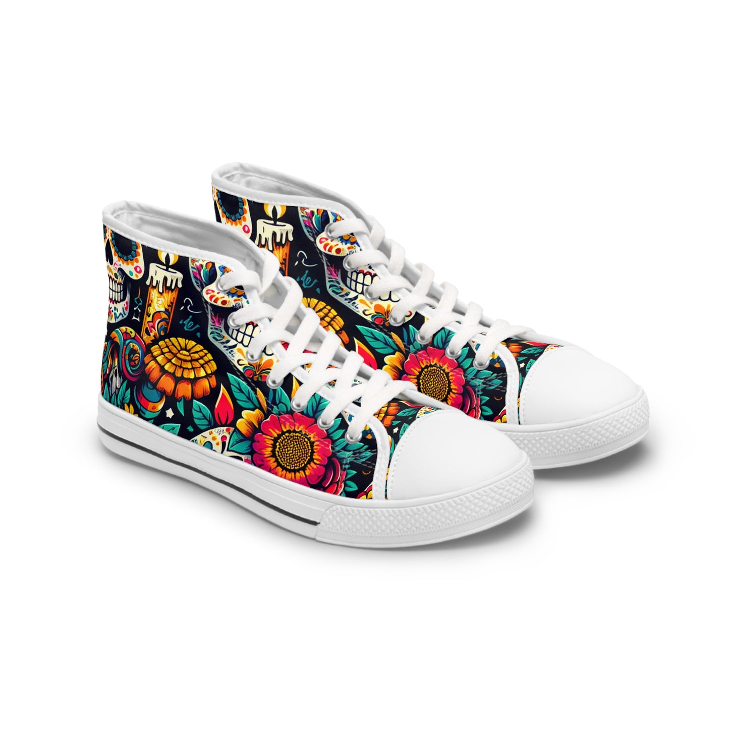 Introducing the "Fiesta Skulls" High-Top Sneaker - a celebration of vibrant Mexican art and tradition. Rock this bold and colorful footwear, inspired by the Day of the Dead festival- High Top Trainers Fashion Sneakers