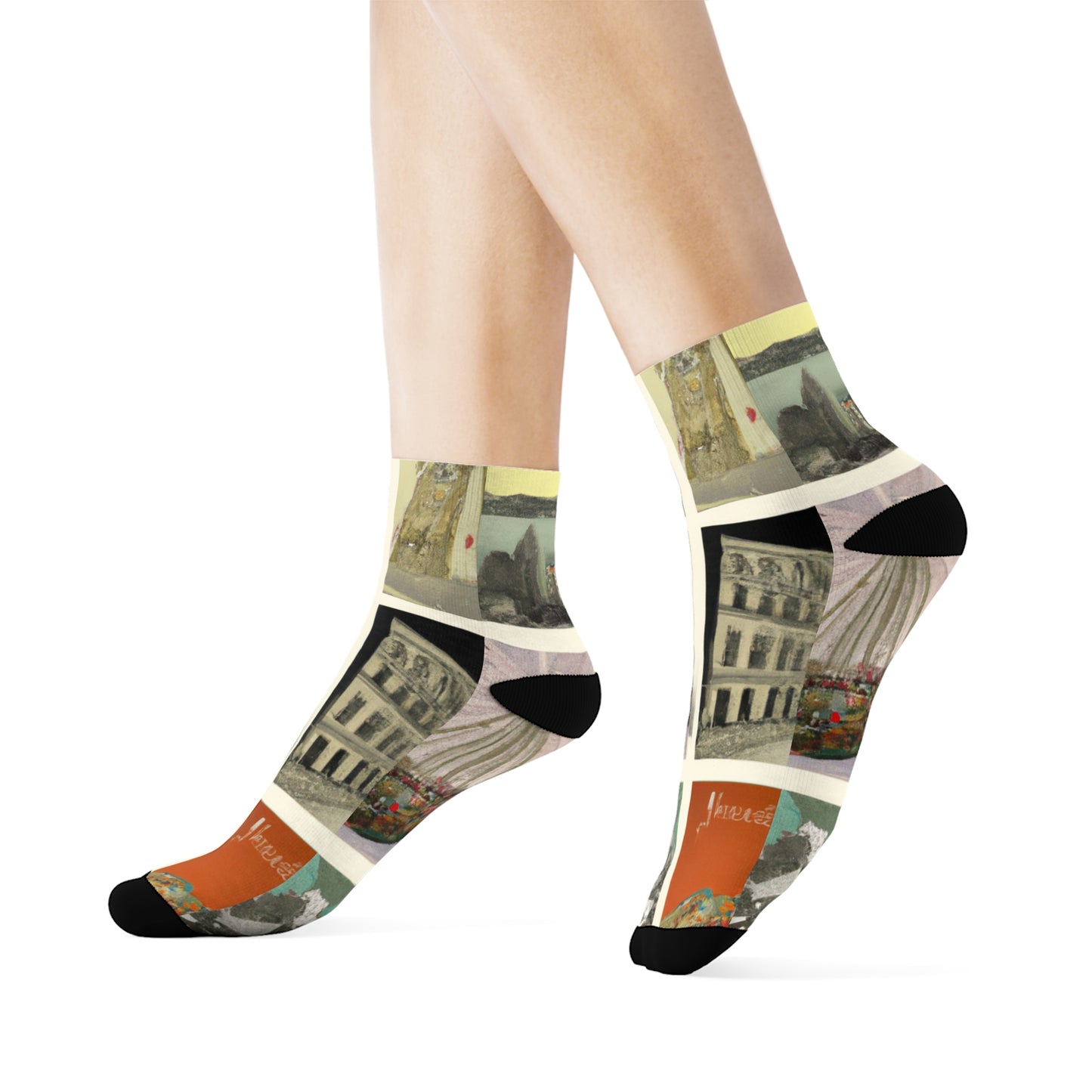 "Global Adventures Crew Socks: Vintage Postcard Textile with Landmark Inspirations from Around the World" - Men and Women Crew Socks Combed Athletic Sports Casual Classic