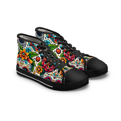 "Vibrant Calaveras: A Mexican-Inspired High-Top Sneaker Featuring a Festive Day of the Dead Textile Pattern with Bright Colors, Traditional Motifs, and Symbol- High Top Trainers Fashion Sneakers