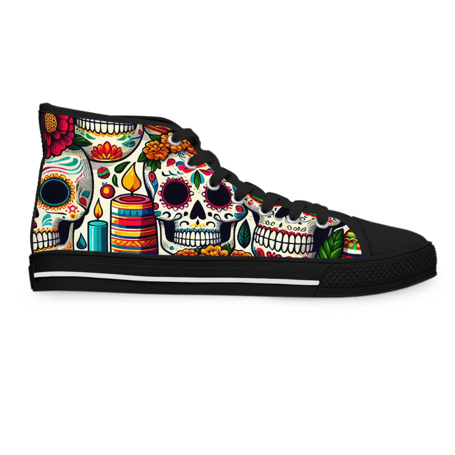 "Unleash Your Celebratory Spirit with Our Day of the Dead High-Top Sneaker: A Vibrant Fusion of Mexican Skulls and Colorful Textile Art"- High Top Trainers Fashion Sneakers