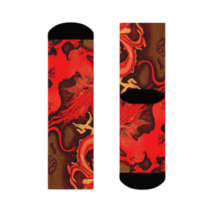 "Flourishing Firebirds: Crimson & Gold Oriental Dragon & Phoenix Crew Socks" - Men and Women Crew Socks Combed Athletic Sports Casual Classic