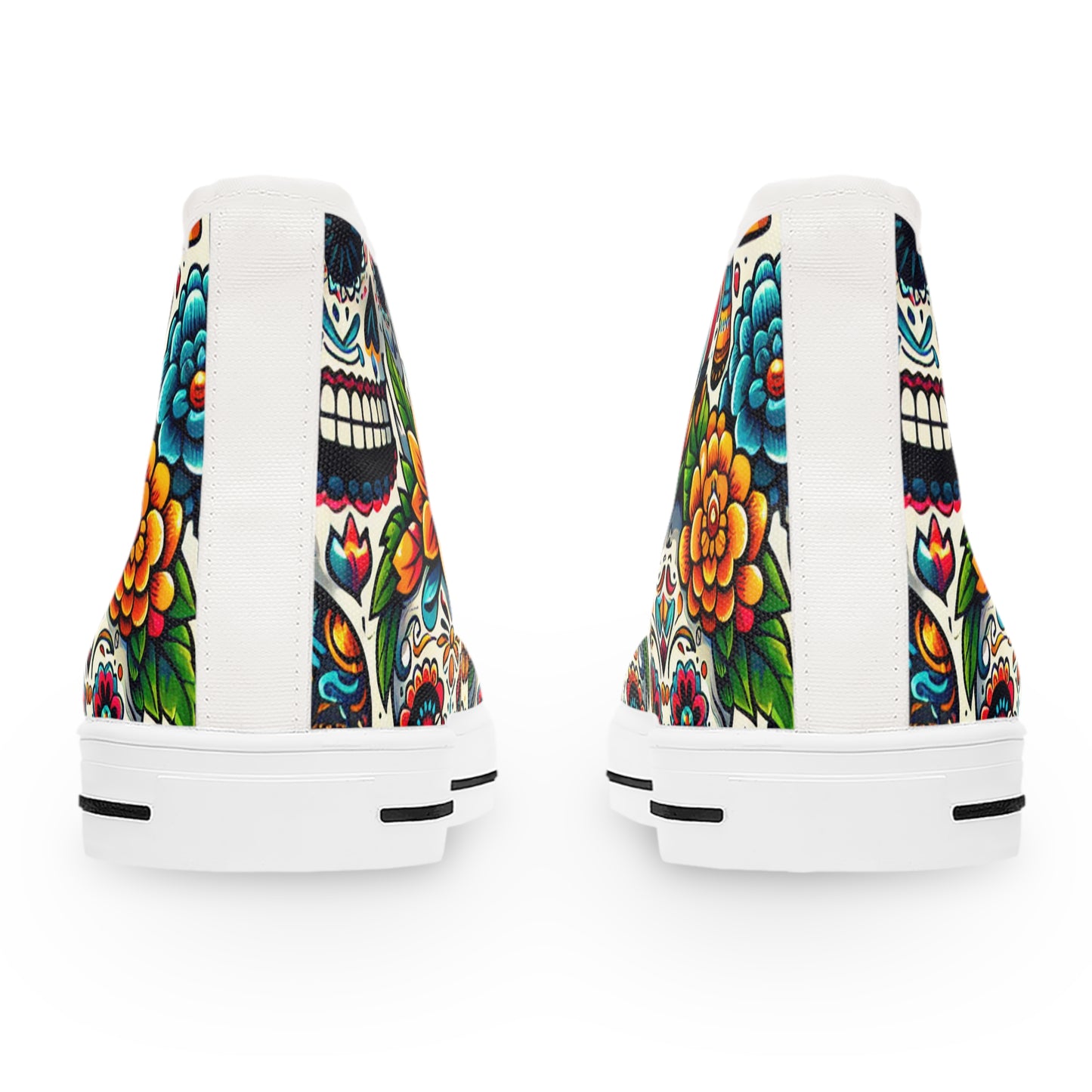 "Vibrant Calaveras: A Mexican-Inspired High-Top Sneaker Featuring a Festive Day of the Dead Textile Pattern with Bright Colors, Traditional Motifs, and Symbol- High Top Trainers Fashion Sneakers