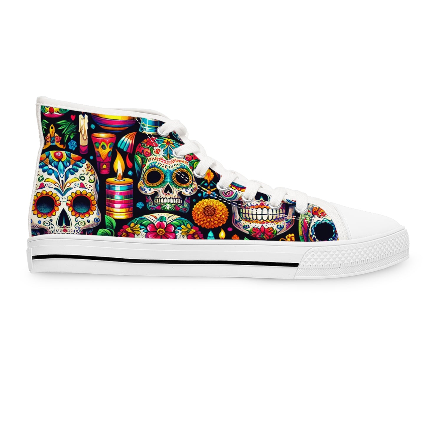 "Introducing 'Carnaval de los Muertos': The Festive High-Top Sneaker featuring a Vibrant Day of the Dead Textile Pattern. Celebrate life and culture with every- High Top Trainers Fashion Sneakers