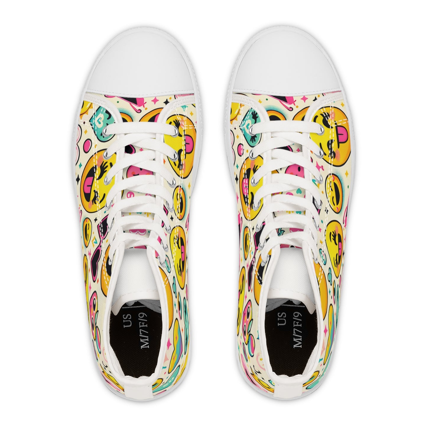 "Emojo High-Tops: Infuse your steps with joy and playfulness through vibrant emoji-inspired design! Featuring a delightful textile pattern of animated faces, hearts, stars, and rainbows - High Top Trainers Fashion Sneakers