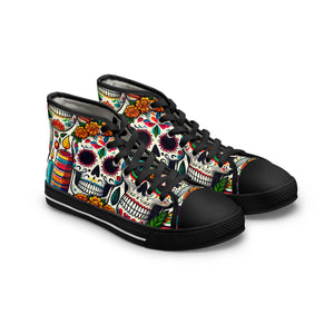 "Unleash Your Celebratory Spirit with Our Day of the Dead High-Top Sneaker: A Vibrant Fusion of Mexican Skulls and Colorful Textile Art"- High Top Trainers Fashion Sneakers