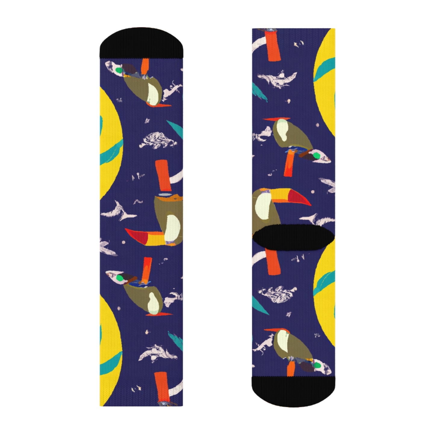 "Island Vibes Crew Socks: Featuring Vibrant Caribbean Textile Patterns with Palm Trees, Sunsets, and Toucans - Step into a Tropical Paradise!" - Men and Women Crew Socks Combed Athletic Sports Casual Classic