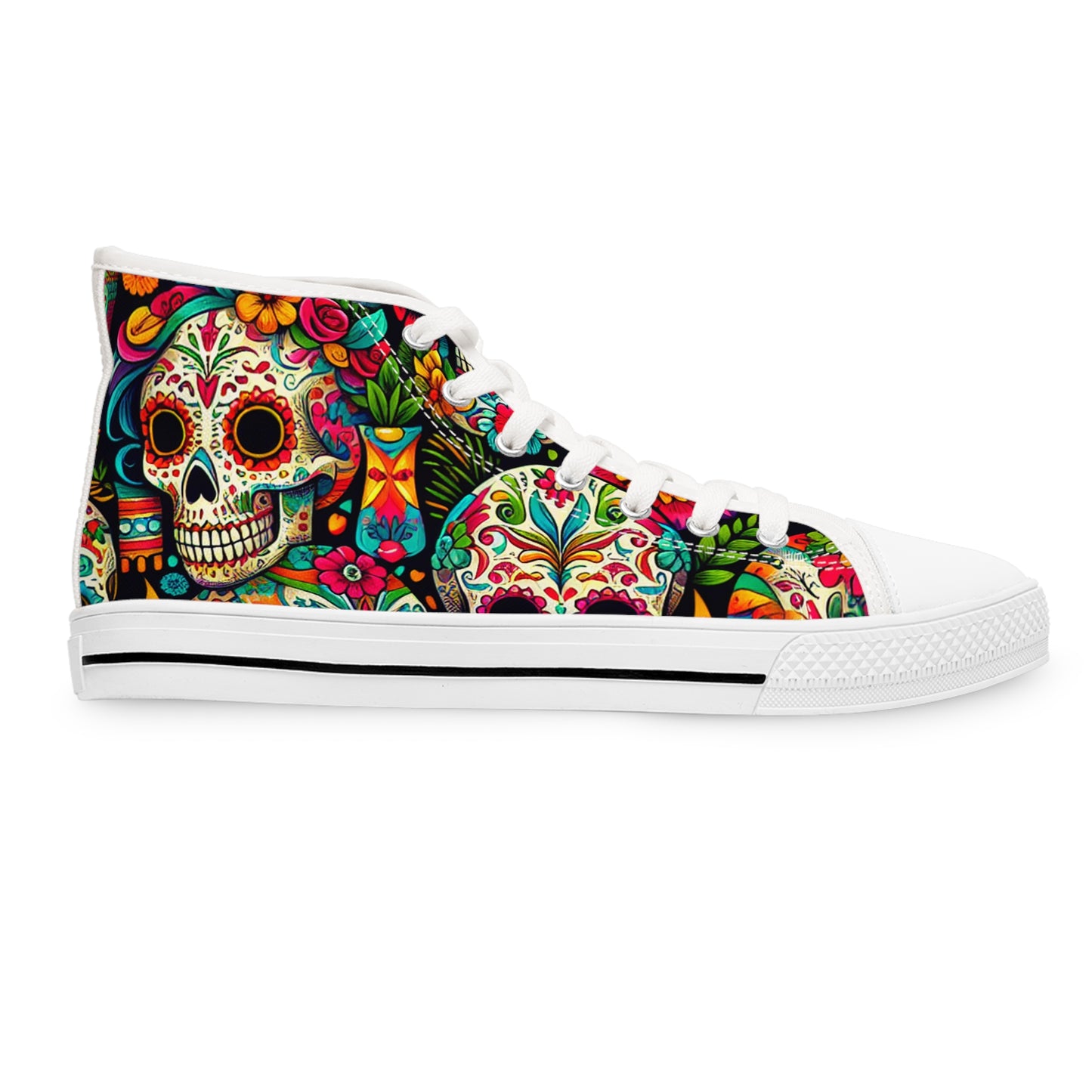 "Introducing the Día de los Muertos High Tops: A Bold and Vibrant Celebration of Life! Our eye-catching sneaker features a lively pattern of Mexican skulls adorned with intricate floral designs- High Top Trainers Fashion Sneakers