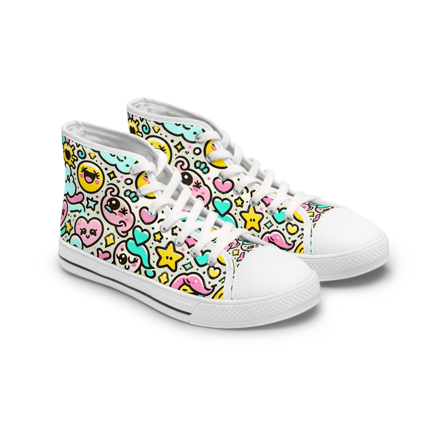 "Introducing Emoticon Express: The Ultimate High-Top Sneaker with a Fun and Vibrant Emojis and Hearts Print, Perfect for Kids and Kids-at-Heart Everywhere!" - High Top Trainers Fashion Sneakers