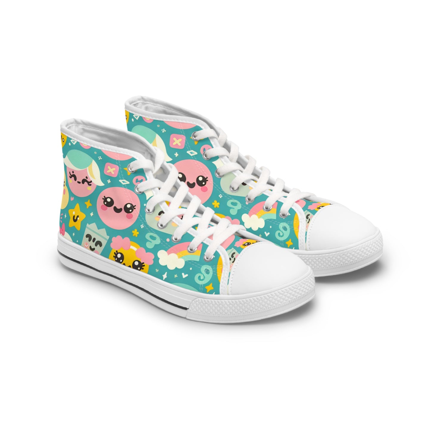 "Emoticon Couture: Whimsical High-Top Sneakers with Playful Emoji Print" - High Top Trainers Fashion Sneakers