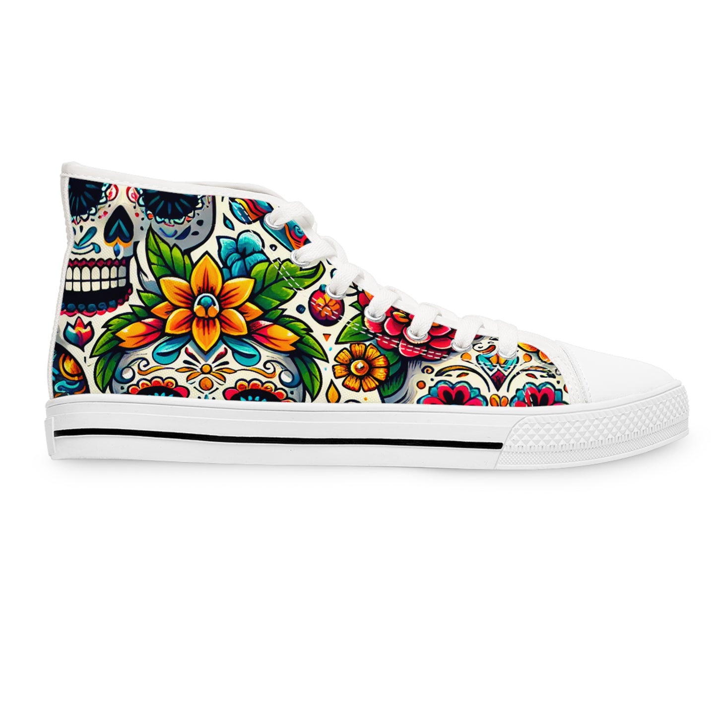 "Vibrant Calaveras: A Mexican-Inspired High-Top Sneaker Featuring a Festive Day of the Dead Textile Pattern with Bright Colors, Traditional Motifs, and Symbol- High Top Trainers Fashion Sneakers