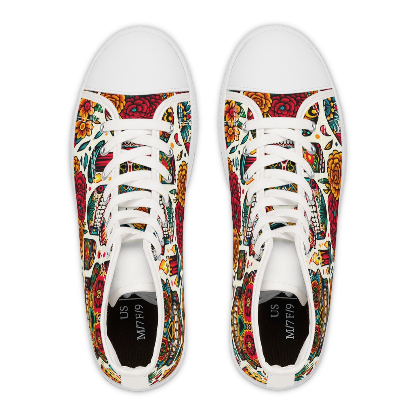 "Calavera Classics: A Colorful High-Top Sneaker Inspired by Day of the Dead Skulls and Traditional Textile Designs"- High Top Trainers Fashion Sneakers