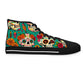 "Soleful Spirits: Celebrate Life with our Day of the Dead High-Top Sneakers! Featuring an alluring textile pattern of vibrant, decorated skulls adorned with traditional floral designs and detailed line - High Top Trainers Fashion Sneakers