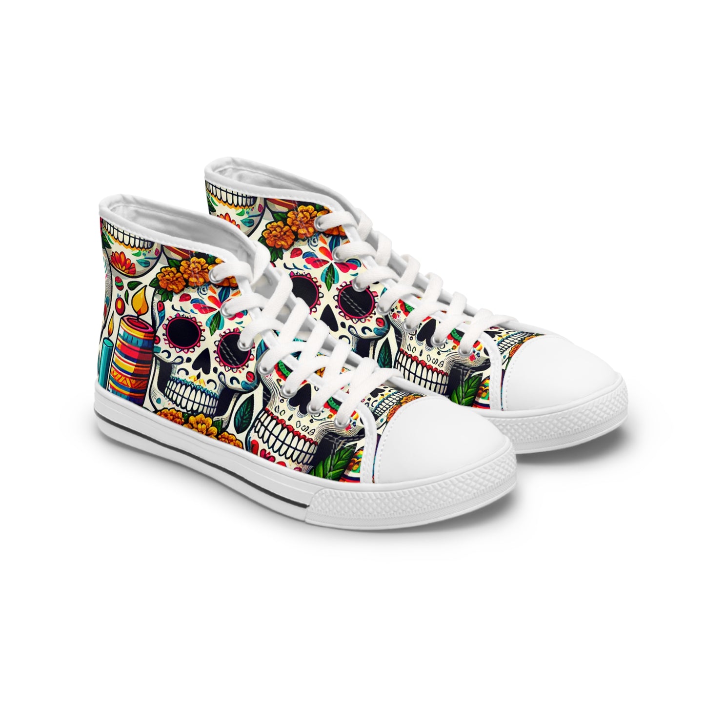 "Unleash Your Celebratory Spirit with Our Day of the Dead High-Top Sneaker: A Vibrant Fusion of Mexican Skulls and Colorful Textile Art"- High Top Trainers Fashion Sneakers