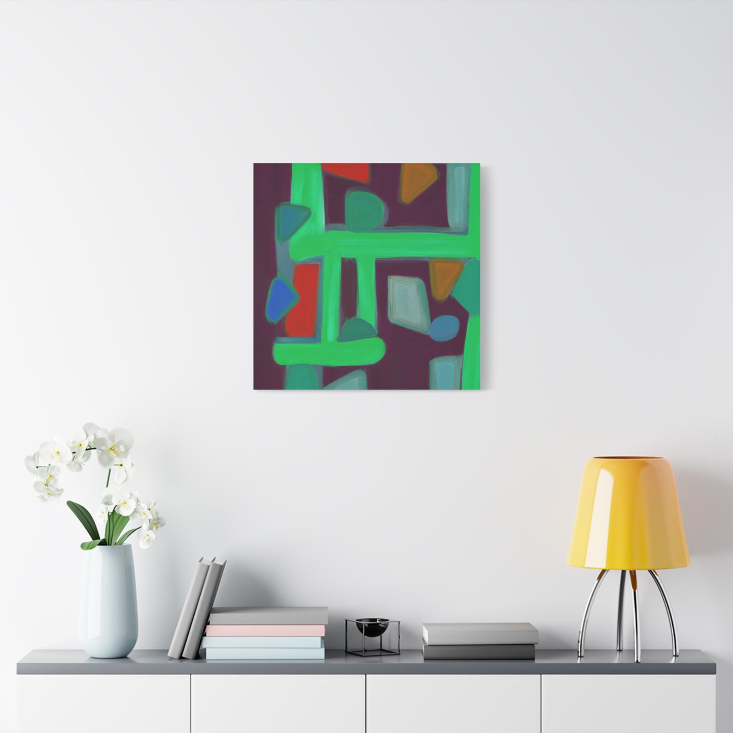 "Geometric Greenscape" - Framed Canvas Print Colourful Wall Art