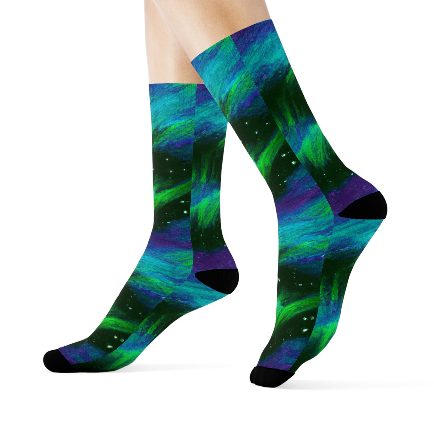 "Northern Lights Nostalgia: Emerald and Violet Arctic Crew Socks featuring Whimsical Textile Prints" - Men and Women Crew Socks Combed Athletic Sports Casual Classic