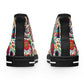 "Day of the Dead Delights: Colorful High-Top Sneakers Embellished with Vibrant Skulls and Floral Patterns"- High Top Trainers Fashion Sneakers