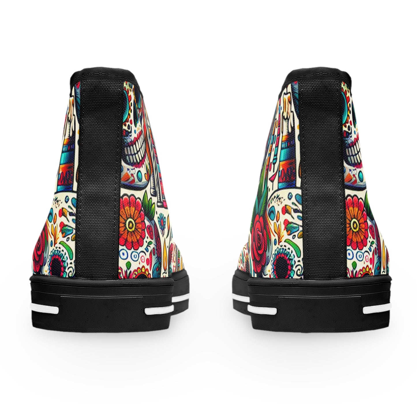 "Day of the Dead Delights: Colorful High-Top Sneakers Embellished with Vibrant Skulls and Floral Patterns"- High Top Trainers Fashion Sneakers