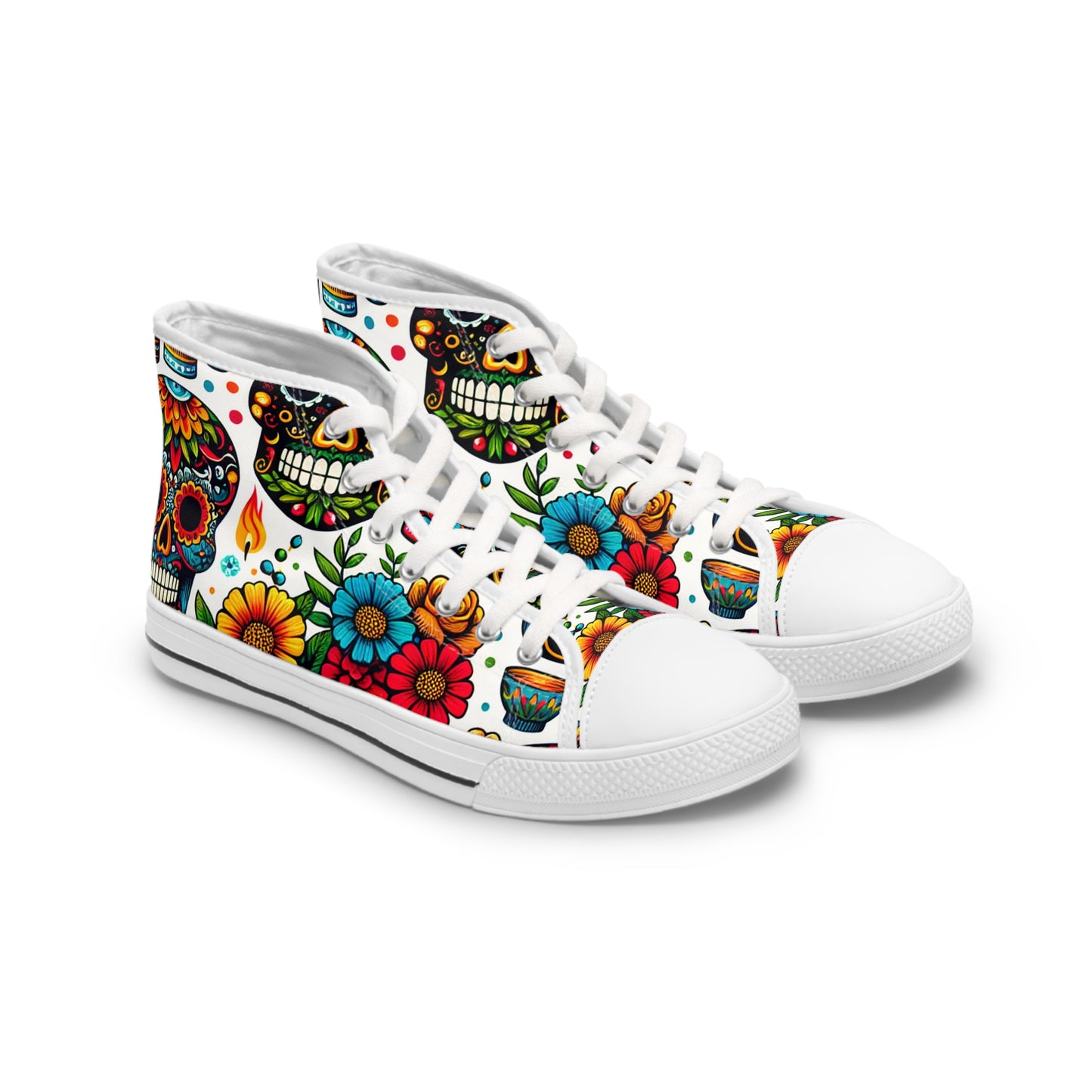 "Introducing our newest high-top sneaker: The Dia de los Muertos Collection! Inspired by vibrant Mexican textiles and the Day of the Dead tradition, each shoe features intricately decorated skulls adorned- High Top Trainers Fashion Sneakers