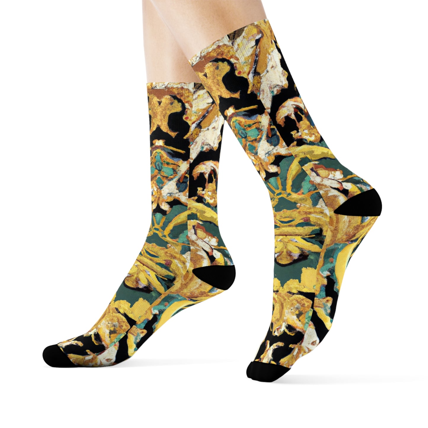 "Golden Royalty Crew Socks: Baroque-Inspired Textile with Intricate Scrolls and Florals" - Men and Women Crew Socks Combed Athletic Sports Casual Classic