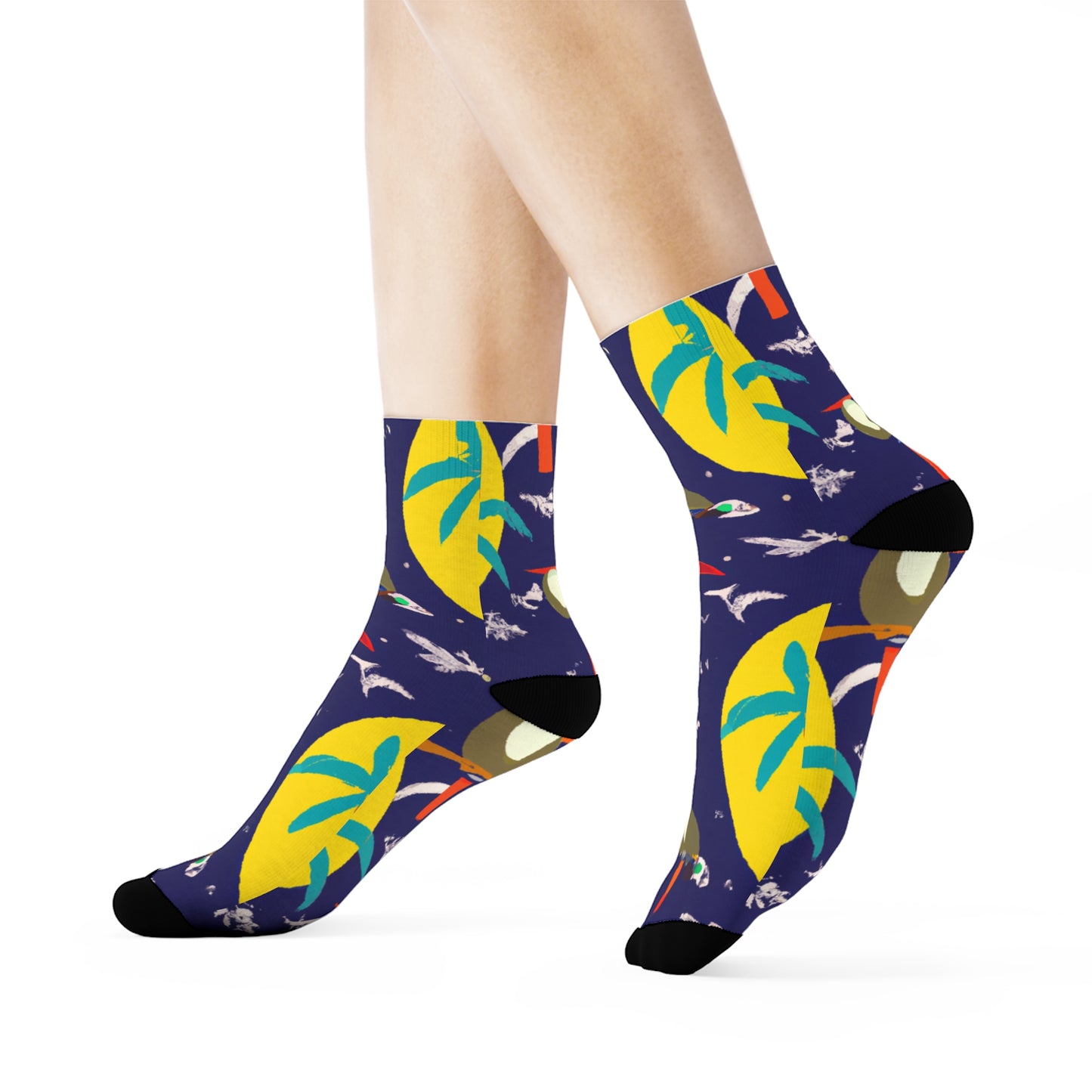 "Island Vibes Crew Socks: Featuring Vibrant Caribbean Textile Patterns with Palm Trees, Sunsets, and Toucans - Step into a Tropical Paradise!" - Men and Women Crew Socks Combed Athletic Sports Casual Classic