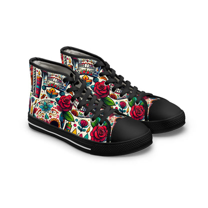 "Day of the Dead Delights: Colorful High-Top Sneakers Embellished with Vibrant Skulls and Floral Patterns"- High Top Trainers Fashion Sneakers