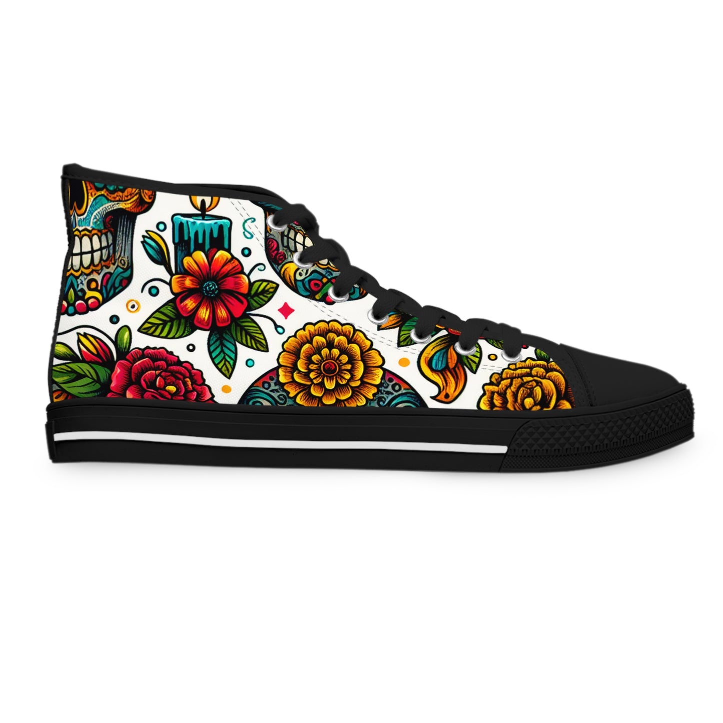 "Day of the Dead Delight High-Top Sneaker: A Vibrant Tribute to Mexican Traditions with Intricate Skull & Floral Motifs in Lively Red, Blue, Green, and - High Top Trainers Fashion Sneakers