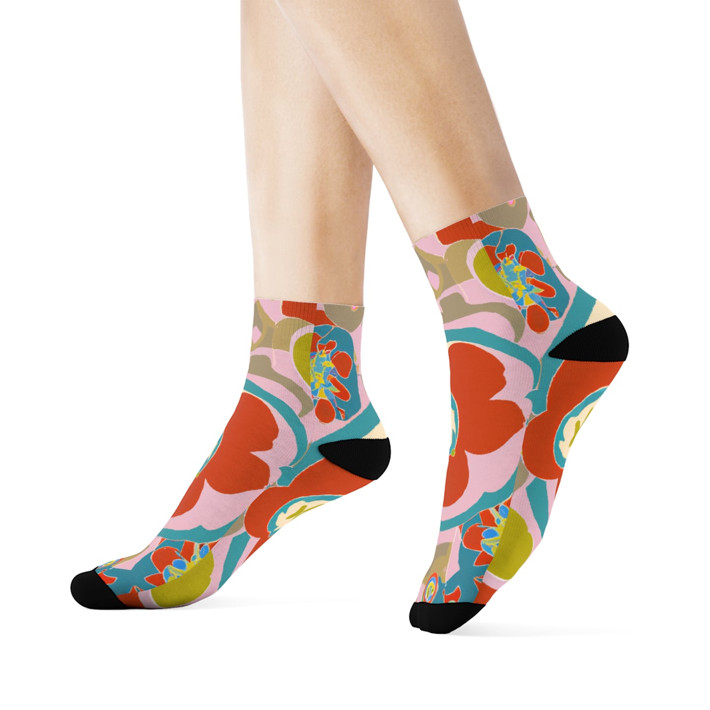 "Flower Power: Retro Floral Crew Socks with 70s-inspired Textile in Warm Hues" - Men and Women Crew Socks Combed Athletic Sports Casual Classic