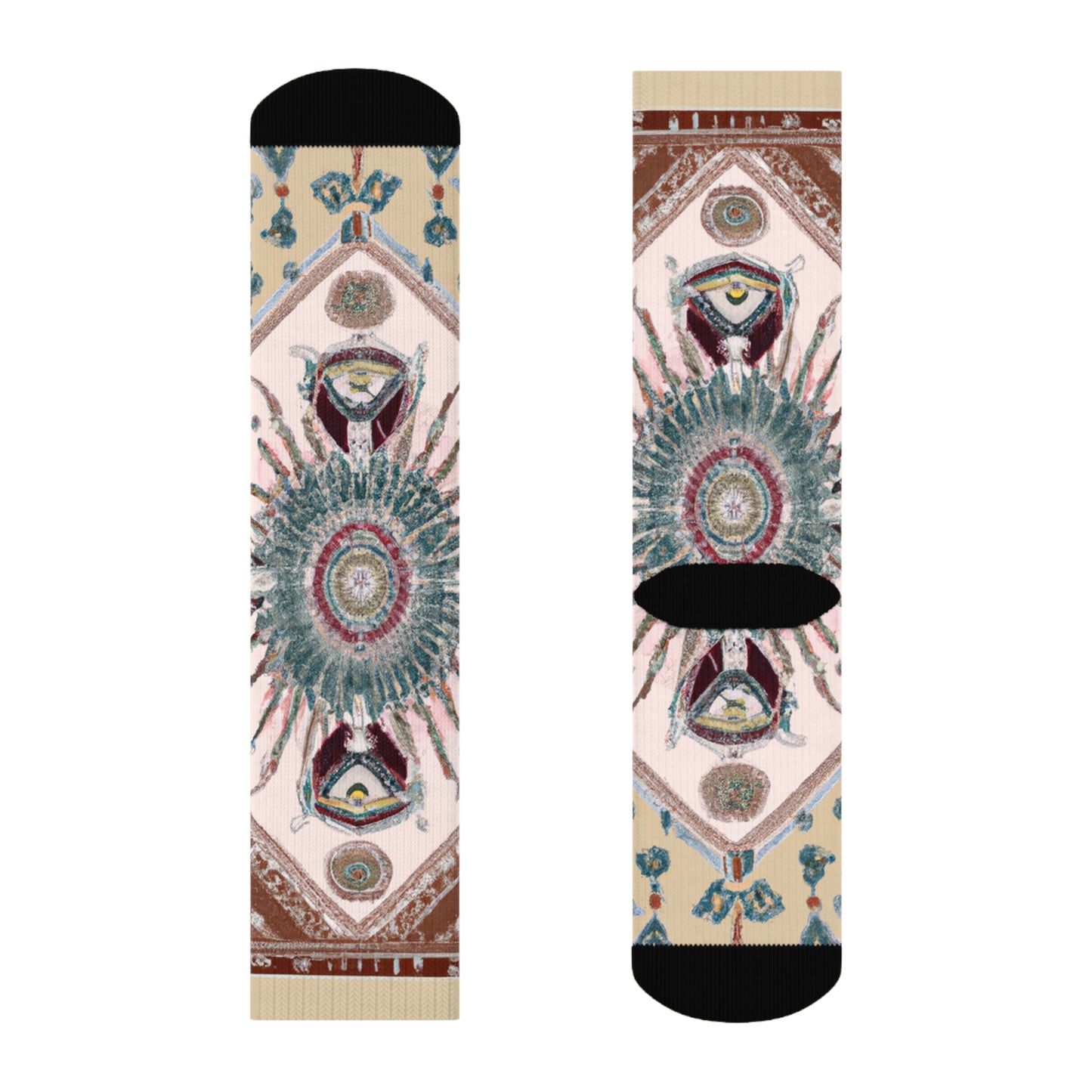 "Boho Chic: Earth Toned Crew Socks with Intricate Mandala and Tassel Motifs" - Men and Women Crew Socks Combed Athletic Sports Casual Classic