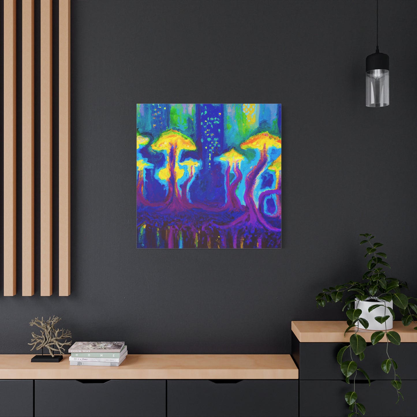 1. "Enchanted Fungi Cityscape"
2. "Luminous Urban Symphony"
3. "Melodic Wave Abstraction" - Framed Canvas Print Colourful Wall Art