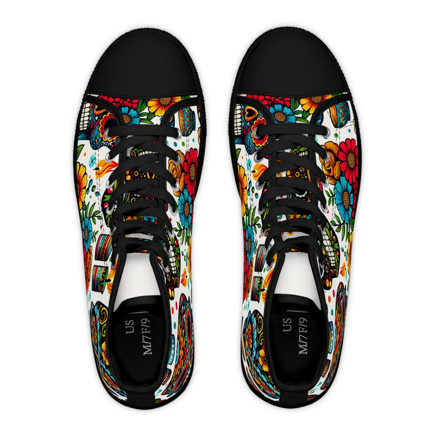 "Introducing our newest high-top sneaker: The Dia de los Muertos Collection! Inspired by vibrant Mexican textiles and the Day of the Dead tradition, each shoe features intricately decorated skulls adorned- High Top Trainers Fashion Sneakers