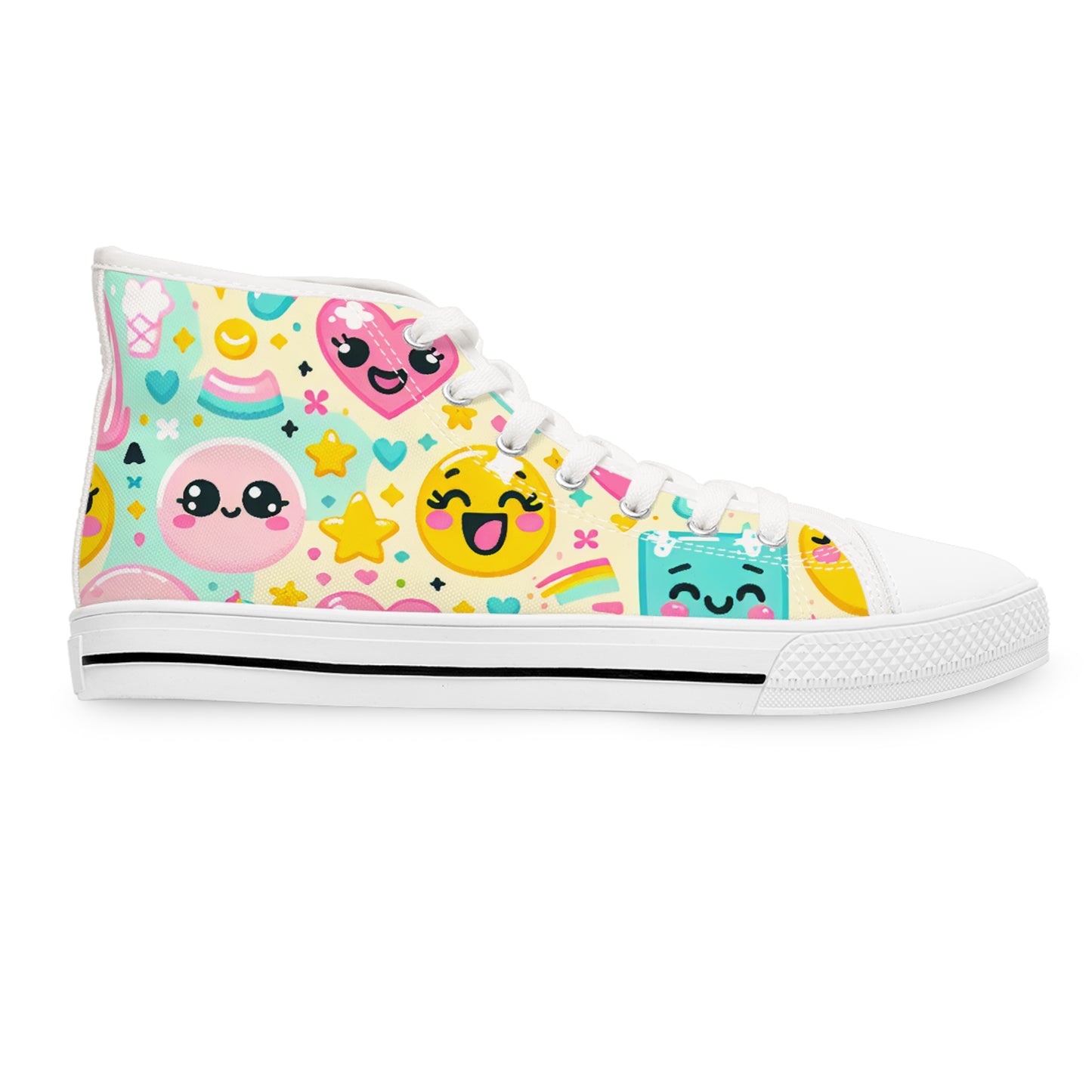 Introducing the "Emojo High-Tops" - Your Ultimate Playful and Whimsical Statement Sneakers! Featuring a Variety of Charming Cartoon Emojis with Expressions of Happiness, - High Top Trainers Fashion Sneakers