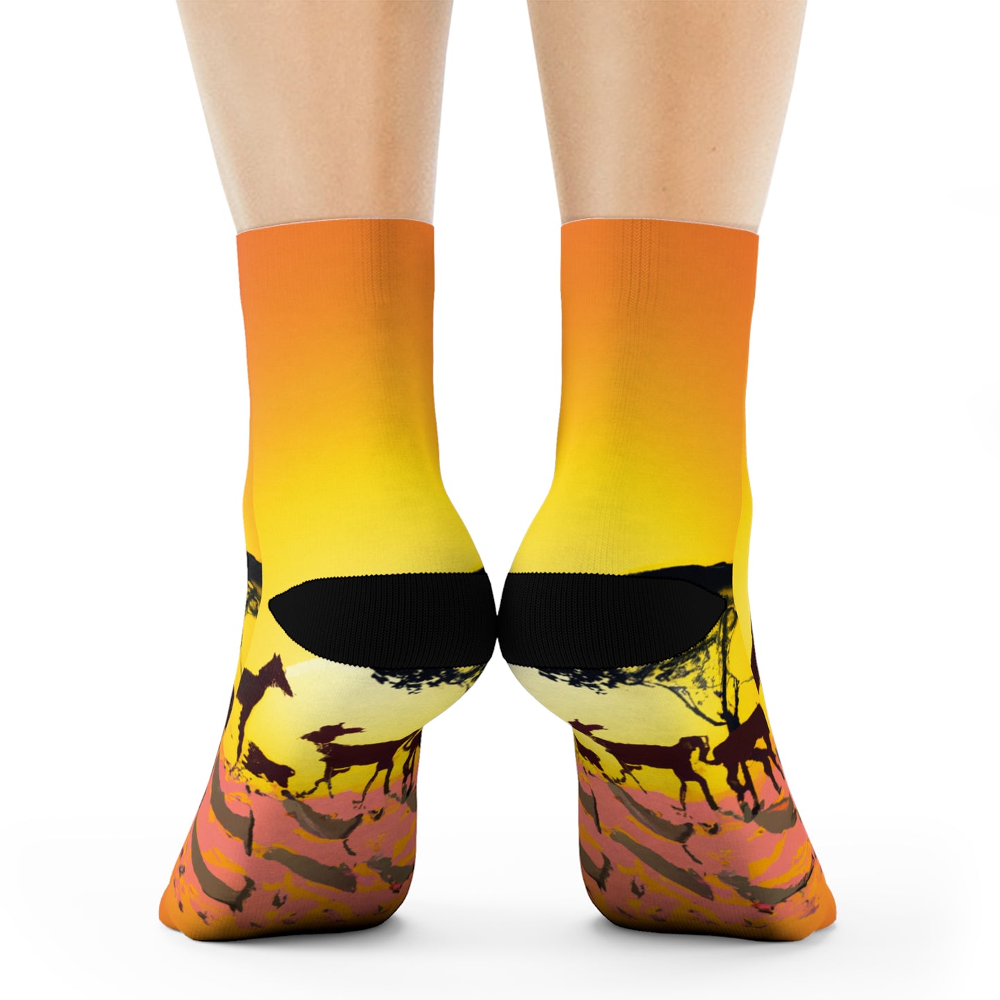 "African Sunset Safari Crew Socks: Embrace the Wild with Exotic Animal Silhouettes and Vibrant Textile Patterns!" - Men and Women Crew Socks Combed Athletic Sports Casual Classic