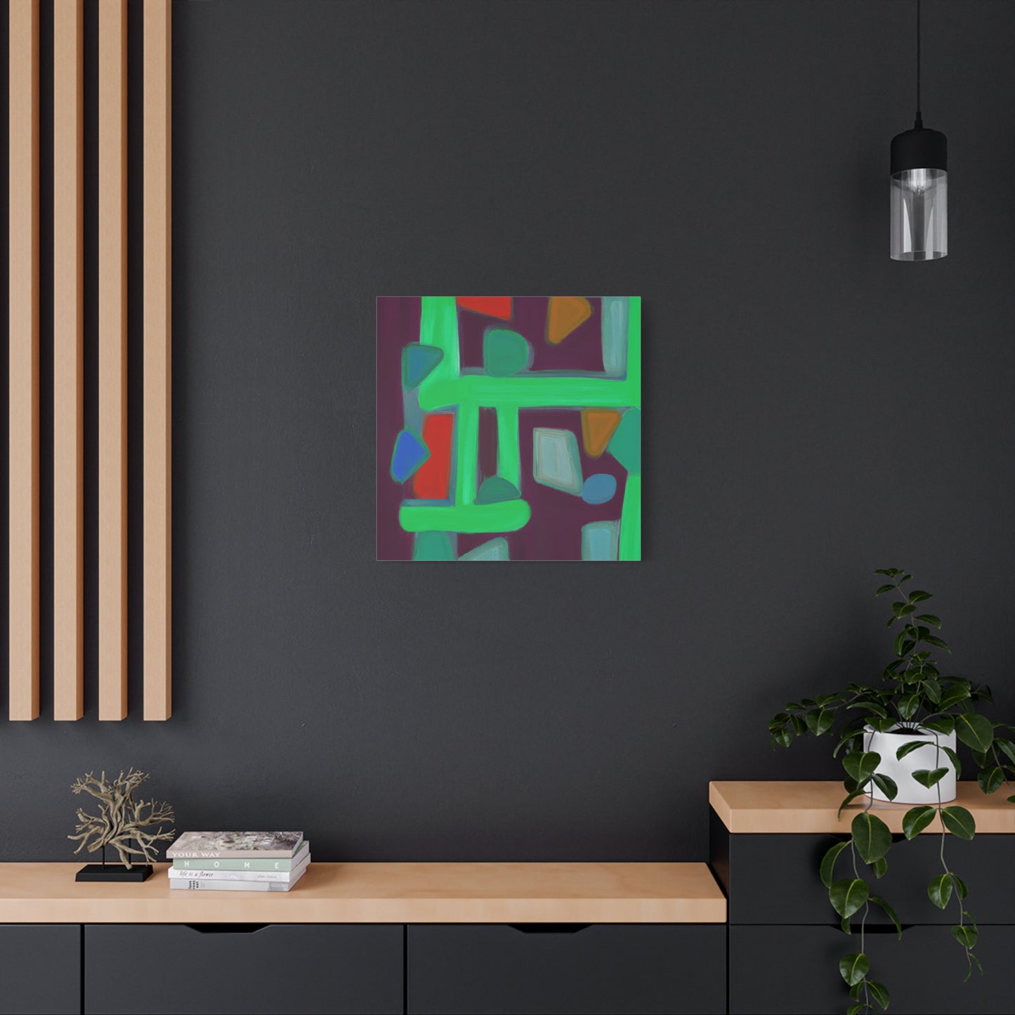 "Geometric Greenscape" - Framed Canvas Print Colourful Wall Art