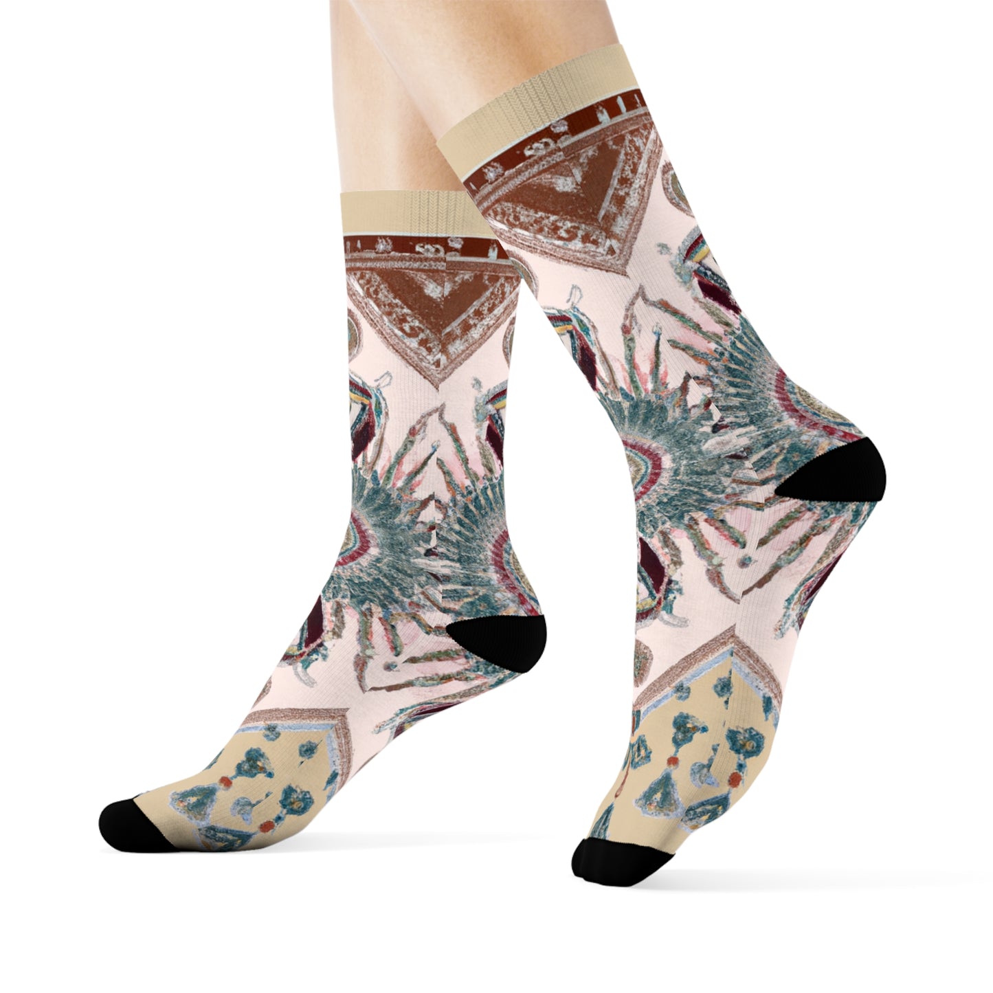 "Boho Chic: Earth Toned Crew Socks with Intricate Mandala and Tassel Motifs" - Men and Women Crew Socks Combed Athletic Sports Casual Classic