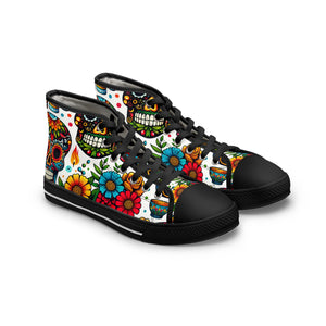 "Introducing our newest high-top sneaker: The Dia de los Muertos Collection! Inspired by vibrant Mexican textiles and the Day of the Dead tradition, each shoe features intricately decorated skulls adorned- High Top Trainers Fashion Sneakers