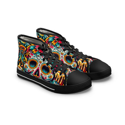 "Deadly Splendor: Day of the Dead High-Top Sneakers - Celebrate Life with Colorful Stylized Skulls and Vibrant Mexican Art Motifs" - High Top Trainers Fashion Sneakers