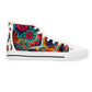 "Day of the Dead Delight: A Vibrant High-Top Sneaker adorned with Mexican-inspired Craniums, Floral Motifs, and Festive Accents. Celebrate Life and Culture- High Top Trainers Fashion Sneakers