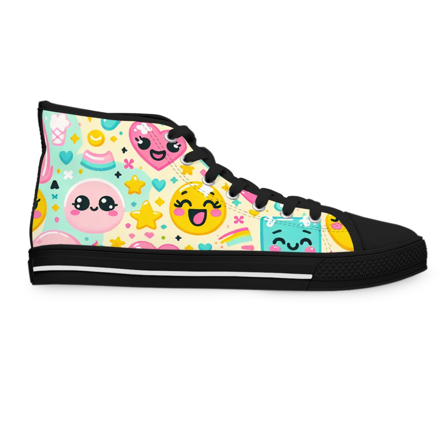 Introducing the "Emojo High-Tops" - Your Ultimate Playful and Whimsical Statement Sneakers! Featuring a Variety of Charming Cartoon Emojis with Expressions of Happiness, - High Top Trainers Fashion Sneakers