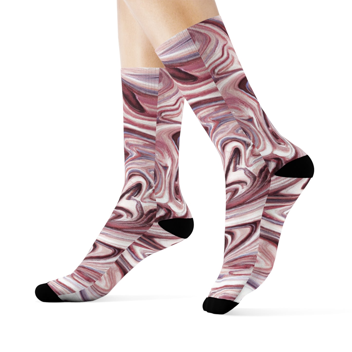 "Rose Gold Rush: Premium Marble Swirl Crew Socks in Chic White and Metallic Rose Gold" - Men and Women Crew Socks Combed Athletic Sports Casual Classic