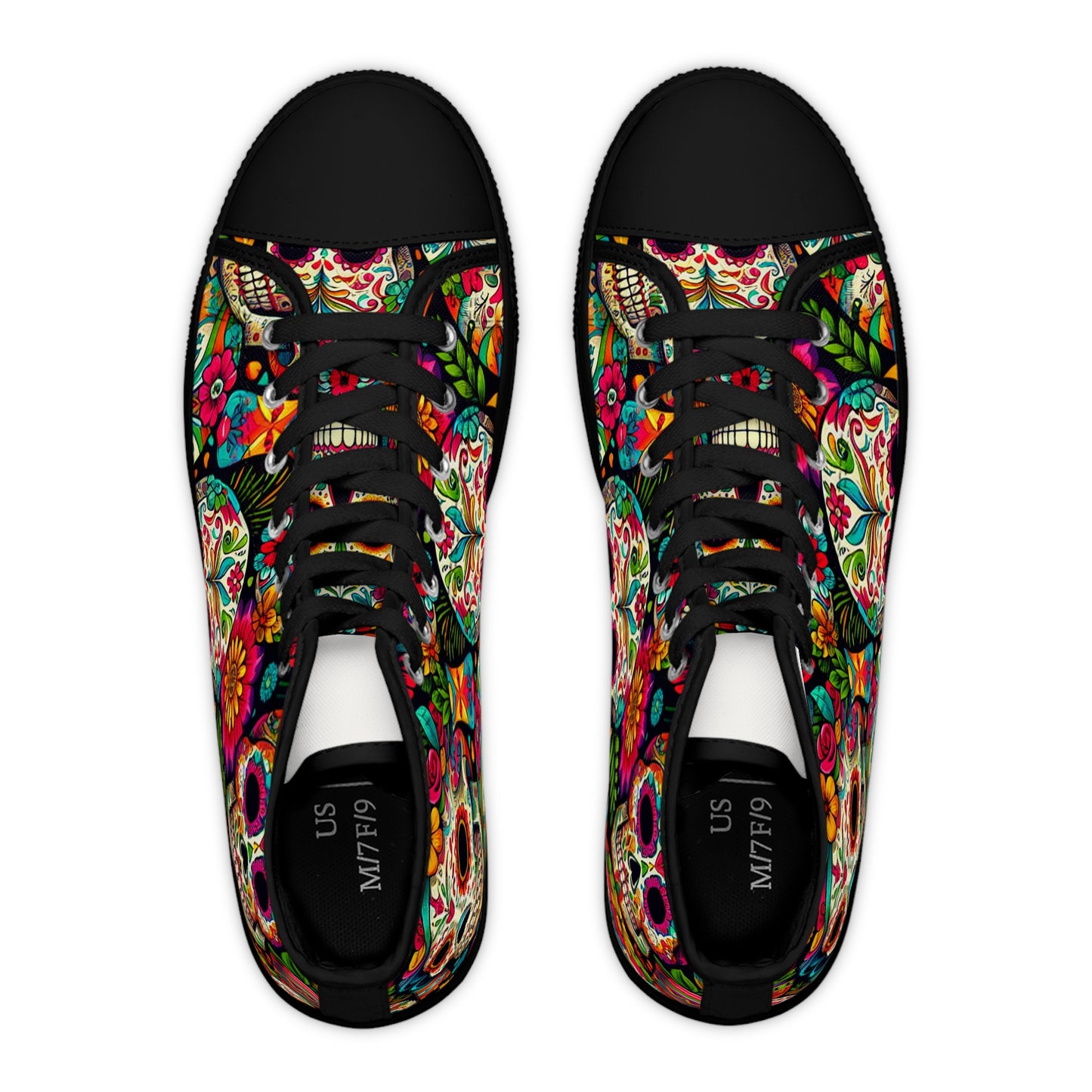 "Introducing the Día de los Muertos High Tops: A Bold and Vibrant Celebration of Life! Our eye-catching sneaker features a lively pattern of Mexican skulls adorned with intricate floral designs- High Top Trainers Fashion Sneakers