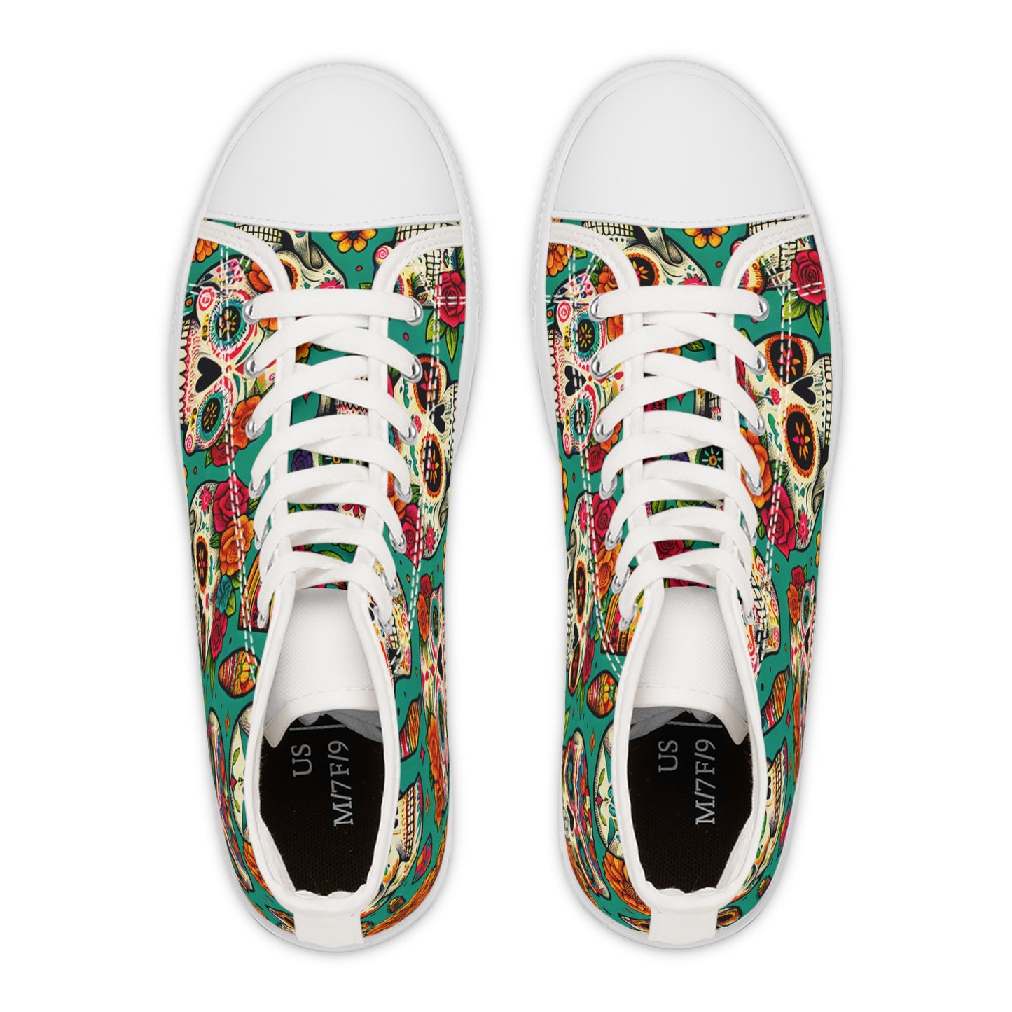 "Soleful Spirits: Celebrate Life with our Day of the Dead High-Top Sneakers! Featuring an alluring textile pattern of vibrant, decorated skulls adorned with traditional floral designs and detailed line - High Top Trainers Fashion Sneakers