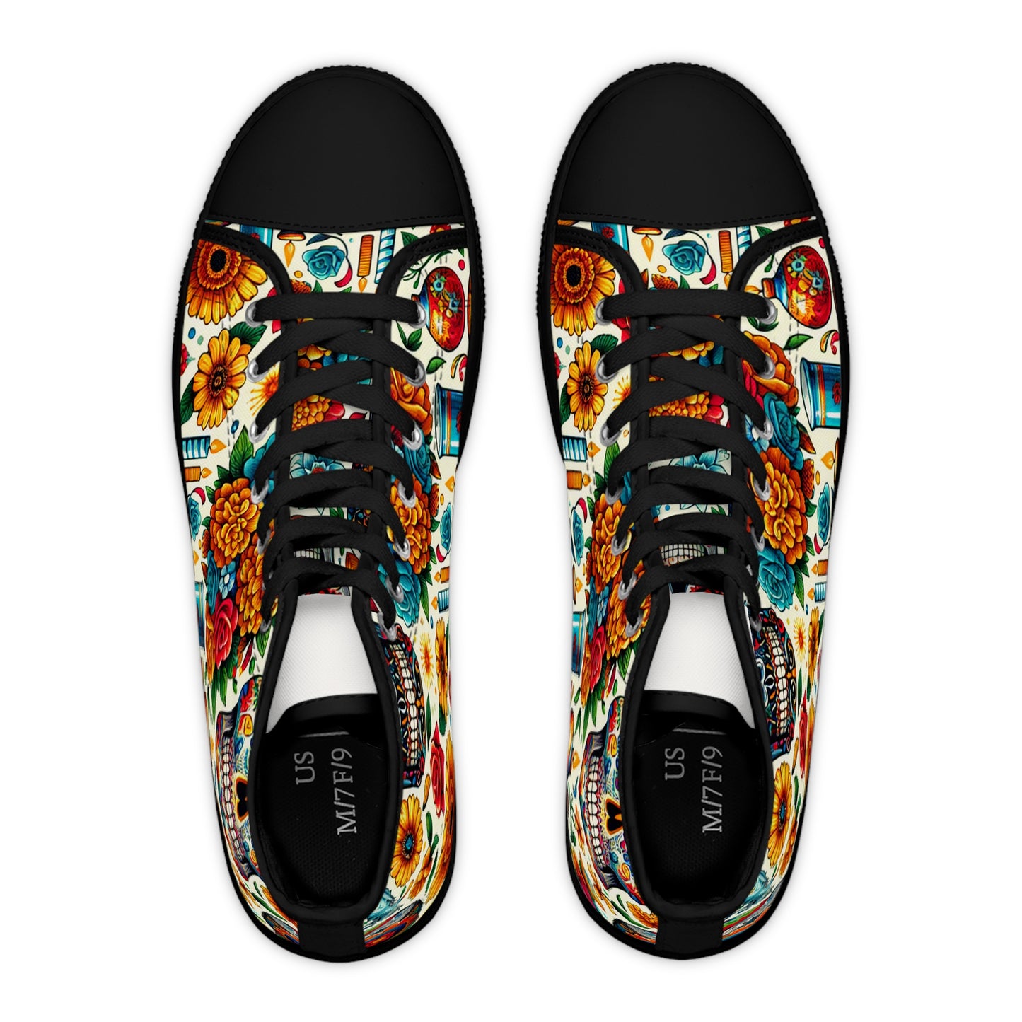 "Skull Fiesta: A Celebration of Life - High-Top Sneakers Featuring Vibrant Mexican Day of the Dead Inspired Textile Patterns and Indigenous Art Motifs"- High Top Trainers Fashion Sneakers