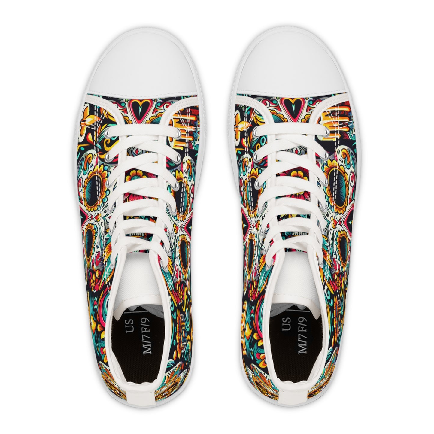 "Deadly Splendor: Day of the Dead High-Top Sneakers - Celebrate Life with Colorful Stylized Skulls and Vibrant Mexican Art Motifs" - High Top Trainers Fashion Sneakers