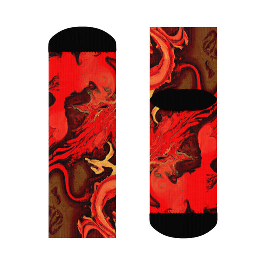 "Flourishing Firebirds: Crimson & Gold Oriental Dragon & Phoenix Crew Socks" - Men and Women Crew Socks Combed Athletic Sports Casual Classic