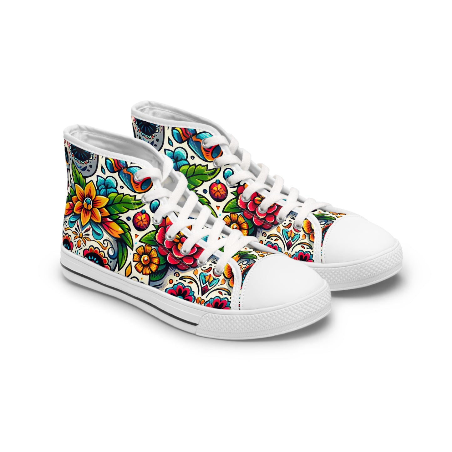 "Vibrant Calaveras: A Mexican-Inspired High-Top Sneaker Featuring a Festive Day of the Dead Textile Pattern with Bright Colors, Traditional Motifs, and Symbol- High Top Trainers Fashion Sneakers