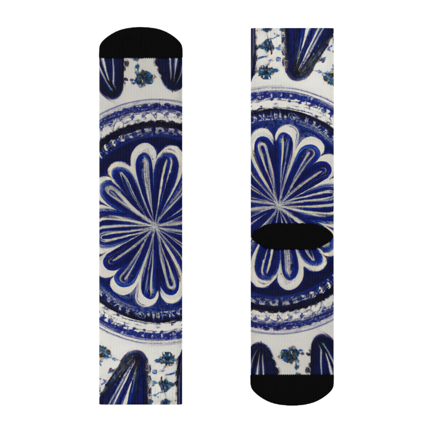 "Blue and White Talavera Tile Crew Socks - Traditional Mexican Textile Inspired Design for Ultimate Style and Comfort!" - Men and Women Crew Socks Combed Athletic Sports Casual Classic