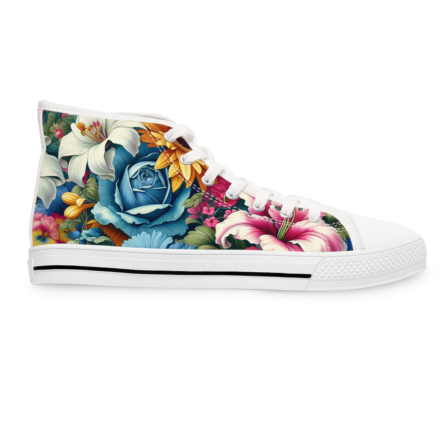 "Floral Frenzy: Vivacious High-Top Sneakers with Meticulously Detailed Flower Patterns in Vibrant Shades of Pink, Blue, Yellow, and Green - Perfect for Contemporary Text - High Top Trainers Fashion Sneakers